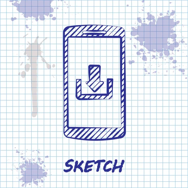 Sketch line Smartphone with download icon isolated on white background. Vector Illustration — Stock Vector