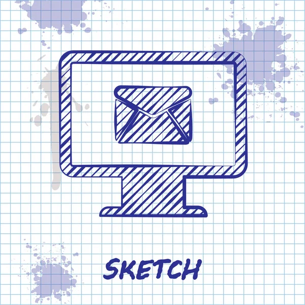 Sketch line Moniteur et enveloppe, nouveau message, courrier, icône e-mail isolé sur fond blanc. Utilisation pour les bulletins électroniques, en-têtes, messages de blog. Illustration vectorielle — Image vectorielle