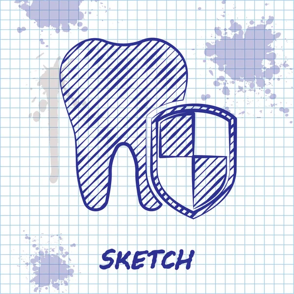 Sketch line Ícone de proteção dentária isolado no fundo branco. Dente no logótipo do escudo. Ilustração vetorial — Vetor de Stock