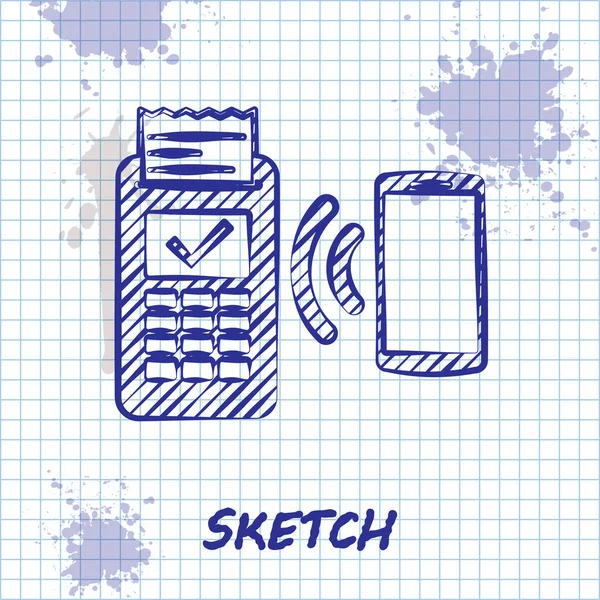 Sketch line POS Terminal met afgedrukte ontvangsten en bevestigt de betaling met smartphone icoon geïsoleerd op witte achtergrond. NFC-betalings concept. Vector illustratie — Stockvector