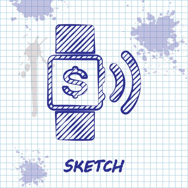 Skizze Linie kontaktlose Zahlung Symbol isoliert auf weißem Hintergrund. Smartwatch mit nfc-Technologie für drahtlose kontaktlose Transaktionen. Vektorillustration — Stockvektor
