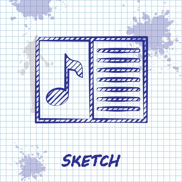 Sketch line Livre de musique avec icône de note isolé sur fond blanc. Partition musicale avec portée de note. Carnet pour notes de musique. Illustration vectorielle — Image vectorielle