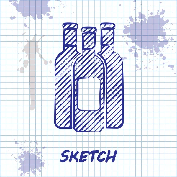 Eskiz çizgisi Beyaz arka planda izole edilmiş şarap simgesi şişeleri. Vektör İllüstrasyonu — Stok Vektör