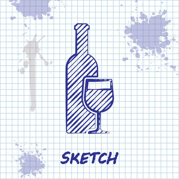 Linia szkicu butelka wina z ikoną kieliszek do wina na białym tle. Ilustracja wektorowa — Wektor stockowy