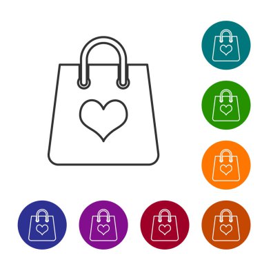 Gri çizgi beyaz arka planda izole kalp simgesi ile alışveriş çantası. Alışveriş çantası dükkanı kalp simgesi gibi seviyorum. Sevgililer günü sembolü. Renk daire düğmelerinde simgeyi ayarlayın. Vektör Illustration