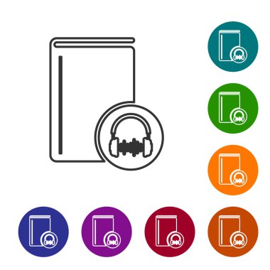 Gri çizgi sesli kitap simgesi beyaz arka planda yalıtılmış. Kulaklıkla kitap. Ses kılavuzu işareti. Online öğrenme konsepti. Renk daire düğmelerinde simgeyi ayarlayın. Vektör Illustration