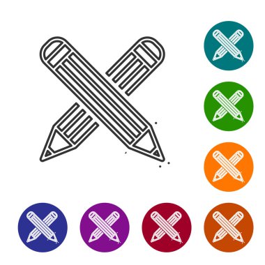 Gri çizgi beyaz arka planda izole kalem simgesi çapraz. Eğitim işareti. Çizim ve eğitim araçları. Okul ofisi sembolü. Renk daire düğmelerinde simgeyi ayarlayın. Vektör Illustration