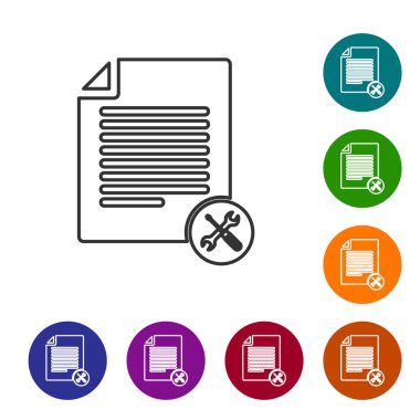 Beyaz arka planda yalıtılmış tornavida ve anahtar simgesi ile gri çizgi dosya belgesi. Ayarlama, hizmet, ayarlama, bakım, onarım, sabitleme. Renk daire düğmelerinde simgeyi ayarlayın. Vektör Illustration