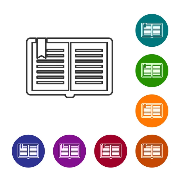 Graue Linie geöffnetes Buchsymbol isoliert auf weißem Hintergrund. setzen Sie das Symbol in den Schaltflächen des Farbkreises. Vektorillustration — Stockvektor