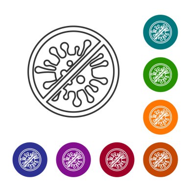 Gri hat stop virüs, bakteri, mikroplar ve mikrobe simgesi beyaz arka planda izole. Antibakteriyel ve antiviral savunma, koruma enfeksiyonu. Renk daire düğmelerinde simgeyi ayarlayın. Vektör Illustration