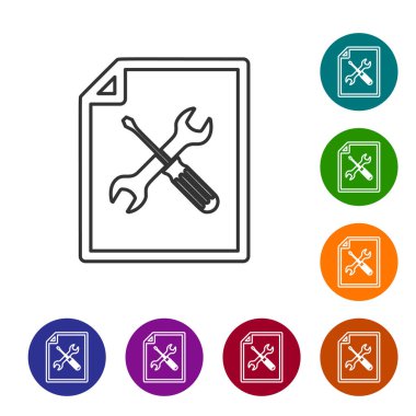 Beyaz arka planda yalıtılmış tornavida ve anahtar simgesi ile gri çizgi dosya belgesi. Ayarlama, hizmet, ayarlama, bakım, onarım, sabitleme. Renk daire düğmelerinde simgeyi ayarlayın. Vektör Illustration