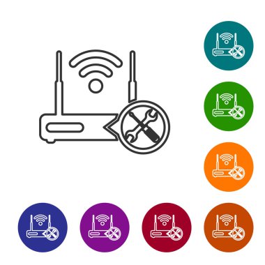 Beyaz arka planda yalıtılmış tornavida ve anahtar simgesi ile gri hat Router Wi-Fi. Ayarlama, hizmet, ayarlama, bakım, onarım, sabitleme. Renk daire düğmelerinde simgeyi ayarlayın. Vektör Illustration