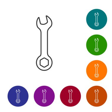 Beyaz arka planda izole gri çizgi anahtarı simgesi. Anahtar tamir aracı. Servis aracı sembolü. Renk daire düğmelerinde simgeyi ayarlayın. Vektör Illustration