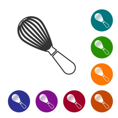 Gri çizgi Mutfak çırpma simgesi beyaz arka plan üzerinde izole. Pişirme aleti, yumurta çırpıcı. Çatal bıçak takımı işareti. Gıda karışımı sembolü. Simgeyi renk çemberi düğmelerinde ayarlayın. Vektör İllüstrasyonu