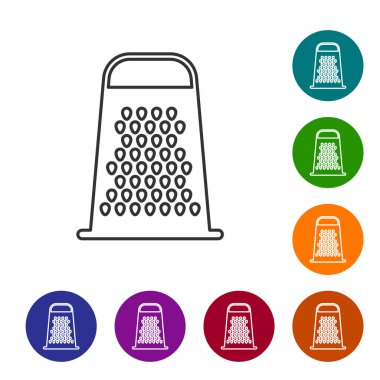 Gri çizgi Grater simgesi beyaz arka planda yalıtılmış. Mutfak sembolü. Pişirme aleti. Çatal bıçak takımı işareti. Simgeyi renk çemberi düğmelerinde ayarlayın. Vektör İllüstrasyonu