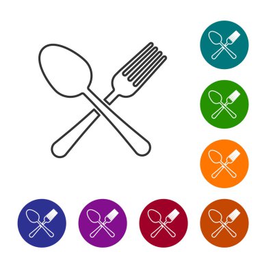 Gri çizgi Beyaz arka plan üzerinde izole çatal ve kaşık simgesi geçti. Pişirme aleti. Çatal bıçak takımı işareti. Simgeyi renk çemberi düğmelerinde ayarlayın. Vektör İllüstrasyonu
