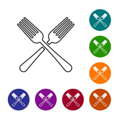 Gri çizgi Beyaz arka planda yalıtılmış çatal simgesi ni geçti. Çatal bıçak takımı sembolü. Simgeyi renk çemberi düğmelerinde ayarlayın. Vektör İllüstrasyonu
