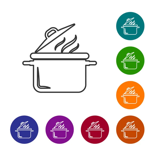 Graue Linie Kochtopf-Symbol isoliert auf weißem Hintergrund. Essen kochen oder schmoren. setzen Sie das Symbol in den Schaltflächen des Farbkreises. Vektorillustration — Stockvektor