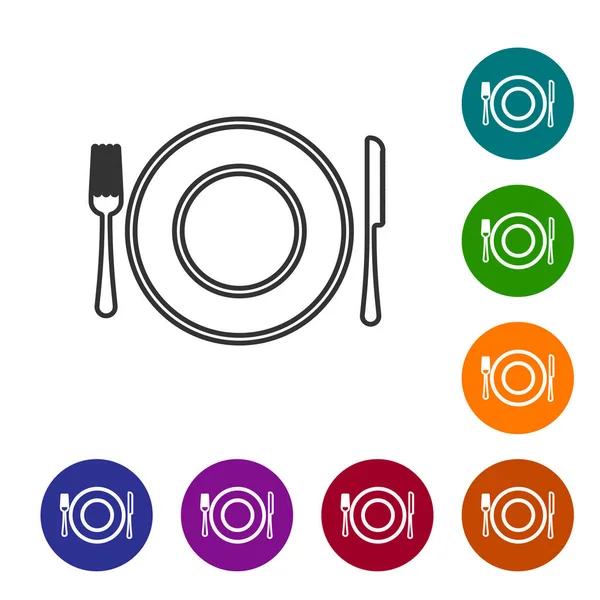 Grey line Plate, fork and knife icon isolated on white background. Cutlery symbol. Restaurant sign. Set icon in color circle buttons. Vector Illustration — Stock Vector