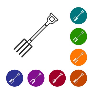Gri çizgi Bahçe pitchfork simgesi beyaz arka plan üzerinde izole. Bahçe çatal işareti. Bahçecilik, tarım, tarım için bir araç. Simgeyi renk çemberi düğmelerinde ayarlayın. Vektör İllüstrasyonu