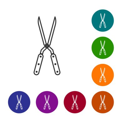 Gri çizgi Beyaz arka plan üzerinde izole simge kırpma için el yapımı makas Bahçe. Ahşap saplı budama makasları. Simgeyi renk çemberi düğmelerinde ayarlayın. Vektör İllüstrasyonu