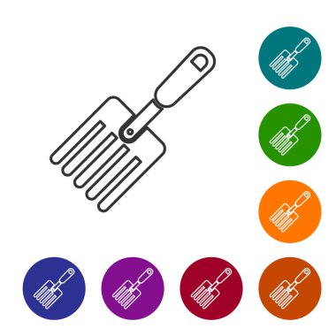 Gri çizgi Bahçe çatal simgesi beyaz arka plan üzerinde izole. Pitchfork simgesi. Bahçecilik, tarım, tarım için bir araç. Simgeyi renk çemberi düğmelerinde ayarlayın. Vektör İllüstrasyonu