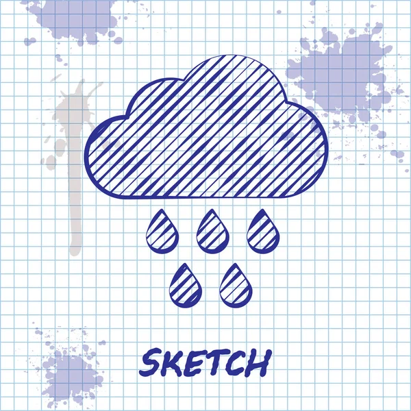 Sketch line Cloud with rain icon isolated on white background. Rain cloud precipitation with rain drops. Vector Illustration