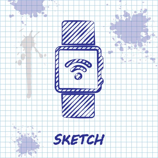 Skizze Linie Smartwatch mit drahtlosen Symbol-Symbol isoliert auf weißem Hintergrund. Vektorillustration — Stockvektor