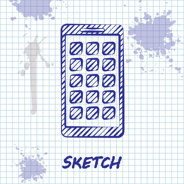 Sketch line Aplicativos móveis ícone isolado no fundo branco. Smartphone com ícones de tela, aplicativos. telefone celular mostrando tela. Ilustração vetorial — Vetor de Stock