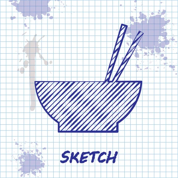 Sketch line Bowl met Aziatisch eten en paar eetstokjes silhouet pictogram geïsoleerd op witte achtergrond. Concept van bereiden, Oosterse dieet. Vector illustratie — Stockvector