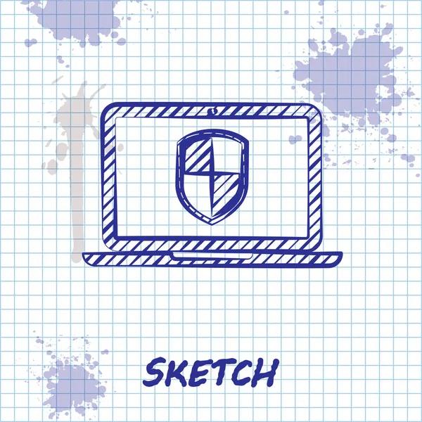 Sketch line Laptop protegido com ícone de escudo isolado no fundo branco. Segurança na Internet. Segurança de PC, tecnologia de firewall, segurança de privacidade. Ilustração vetorial —  Vetores de Stock