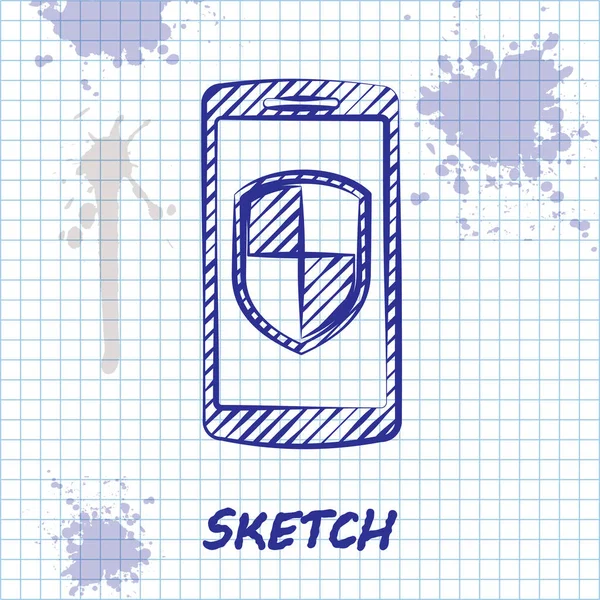 Sketch line Smartphone, telefono cellulare con icona dello scudo di sicurezza isolato su sfondo bianco. Illustrazione vettoriale — Vettoriale Stock