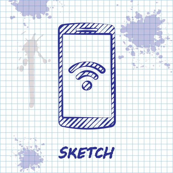 Sketch line Smartphone with free wi-fi wireless connection icon isolated on white background. Wireless technology, wireless network, hotspot concepts. Vector Illustration — Stock Vector