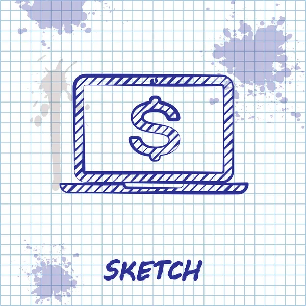 Sketch line Laptop com ícone símbolo dólar isolado no fundo branco. Conceito de compras online. Conceito de economia. Ilustração vetorial — Vetor de Stock