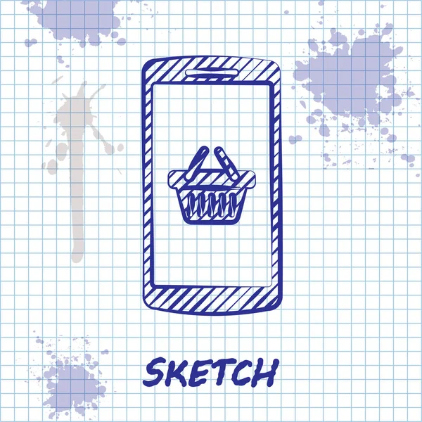 白い背景に隔離された画面上のスマートフォンのアイコン上のスケッチラインショッピングバスケット。コンセプトeコマース、eビジネス、オンラインビジネスマーケティング。ベクトルイラストレーション — ストックベクタ