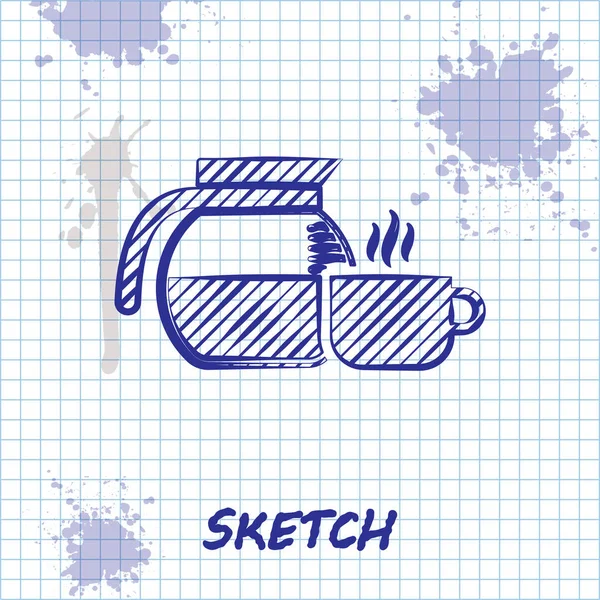 Ligne de croquis Cafetière avec icône tasse isolée sur fond blanc. Illustration vectorielle — Image vectorielle