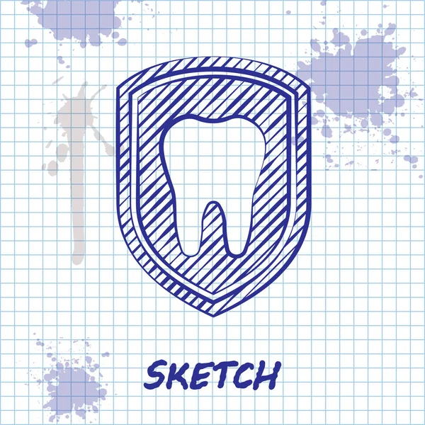 Sketch line Ícone de proteção dentária isolado no fundo branco. Dente no ícone do logotipo do escudo. Ilustração vetorial — Vetor de Stock