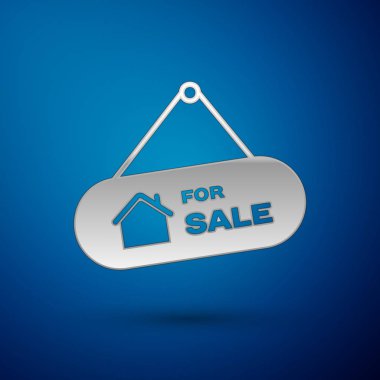 Mavi arka plan üzerinde izole satılık simgesi ile metin Ile Gümüş Asılı işareti. Satılık metin li tabela. Vektör İllüstrasyonu