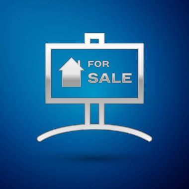 Mavi arka plan üzerinde izole satılık simgesi ile metin Ile Gümüş Asılı işareti. Satılık metin li tabela. Vektör İllüstrasyonu