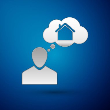 Gümüş Adam mavi arka plan üzerinde izole yeni bir ev simgesi satın alma hakkında hayal. Vektör İllüstrasyonu