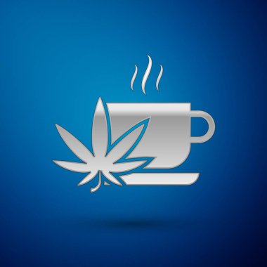 Gümüş Fincan çay esrar veya esrar yaprağı simgesi mavi arka plan üzerinde izole ile. Marihuana yasallaştırma. Kenevir sembolü. Vektör İllüstrasyonu