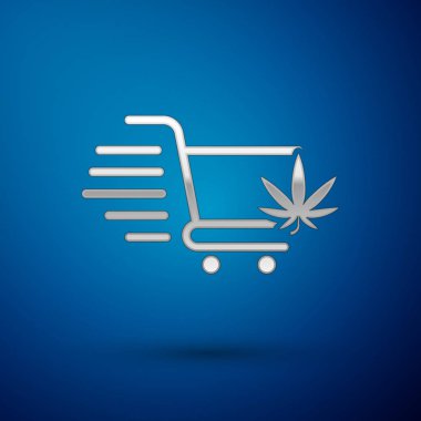 Gümüş Alışveriş sepeti marihuana veya esrar yaprak simgesi mavi arka plan üzerinde izole ile. Online satın alma. Teslimat hizmeti. Süpermarket sepeti. Vektör İllüstrasyonu