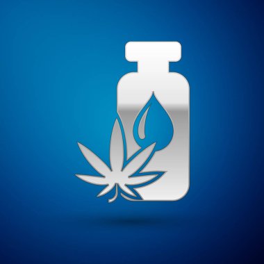 Gümüş Tıbbi marihuana veya kenevir yaprağı zeytinyağı damlası ikonu mavi arka planda izole edilmiş. Esrar özütü. Kenevir sembolü. Vektör İllüstrasyonu