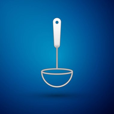 Gümüş Mutfak kepçe simgesi mavi arka plan izole. Pişirme aleti. Çatal kaşık işareti. Vektör İllüstrasyonu