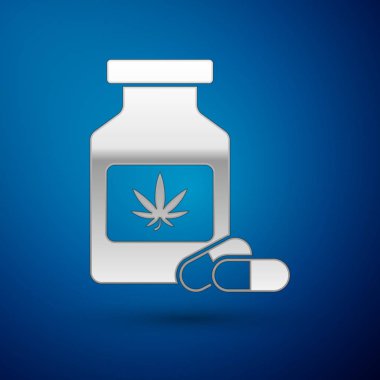 Mavi arka planda marihuana ya da kenevir yaprağı ikonu bulunan gümüş tıbbi şişe. Kavanozlardaki kenevir yağı özlerini taklit et. Vektör İllüstrasyonu