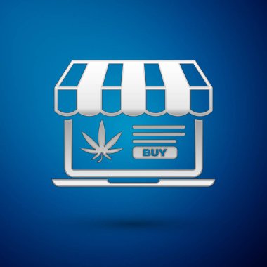 Mavi arka planda gümüş dizüstü bilgisayar ve tıbbi marihuana veya kenevir yaprağı ikonu var. İnternetten satın alma sembolü. Süpermarket sepeti. Vektör İllüstrasyonu