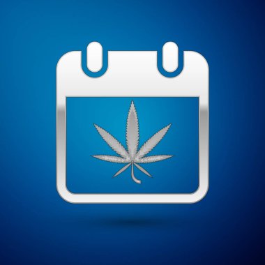 Gümüş takvim ve marihuana veya kenevir yaprağı ikonu mavi arka planda izole edilmiş. Ulusal esrar günü. Kenevir sembolü. Vektör İllüstrasyonu