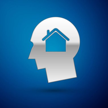 Gümüş Adam mavi arka plan üzerinde izole yeni bir ev simgesi satın alma hakkında hayal. Vektör İllüstrasyonu