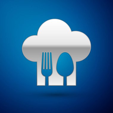 Mavi arka plan üzerinde izole çatal ve kaşık simgesi ile Gümüş Chef şapka. Pişirme sembolü. Restoran menüsü. Aşçı şapkası. Vektör İllüstrasyonu