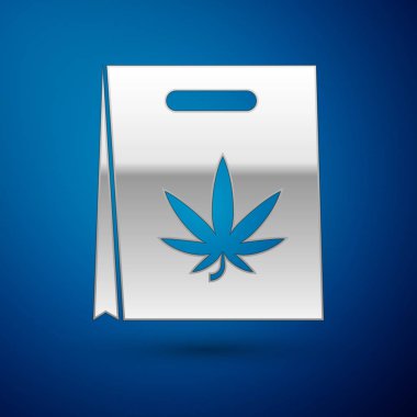 Mavi arka planda izole edilmiş gümüş alışveriş poşeti veya kenevir yaprağı ikonu. Kenevir almak. Kenevir sembolü. Vektör İllüstrasyonu